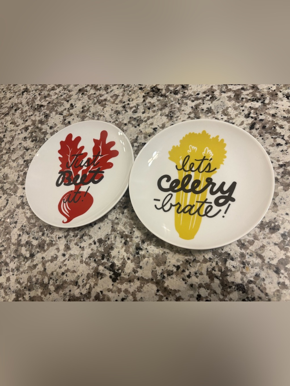 Crate&Barrel White Plates with Red Beet and Yellow Celery Designs